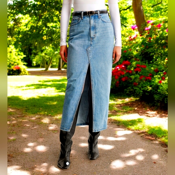 Denim High Rise Marble Wash Maxi Jean Skirt With Raw Edge Hem - Picture 1 of 8